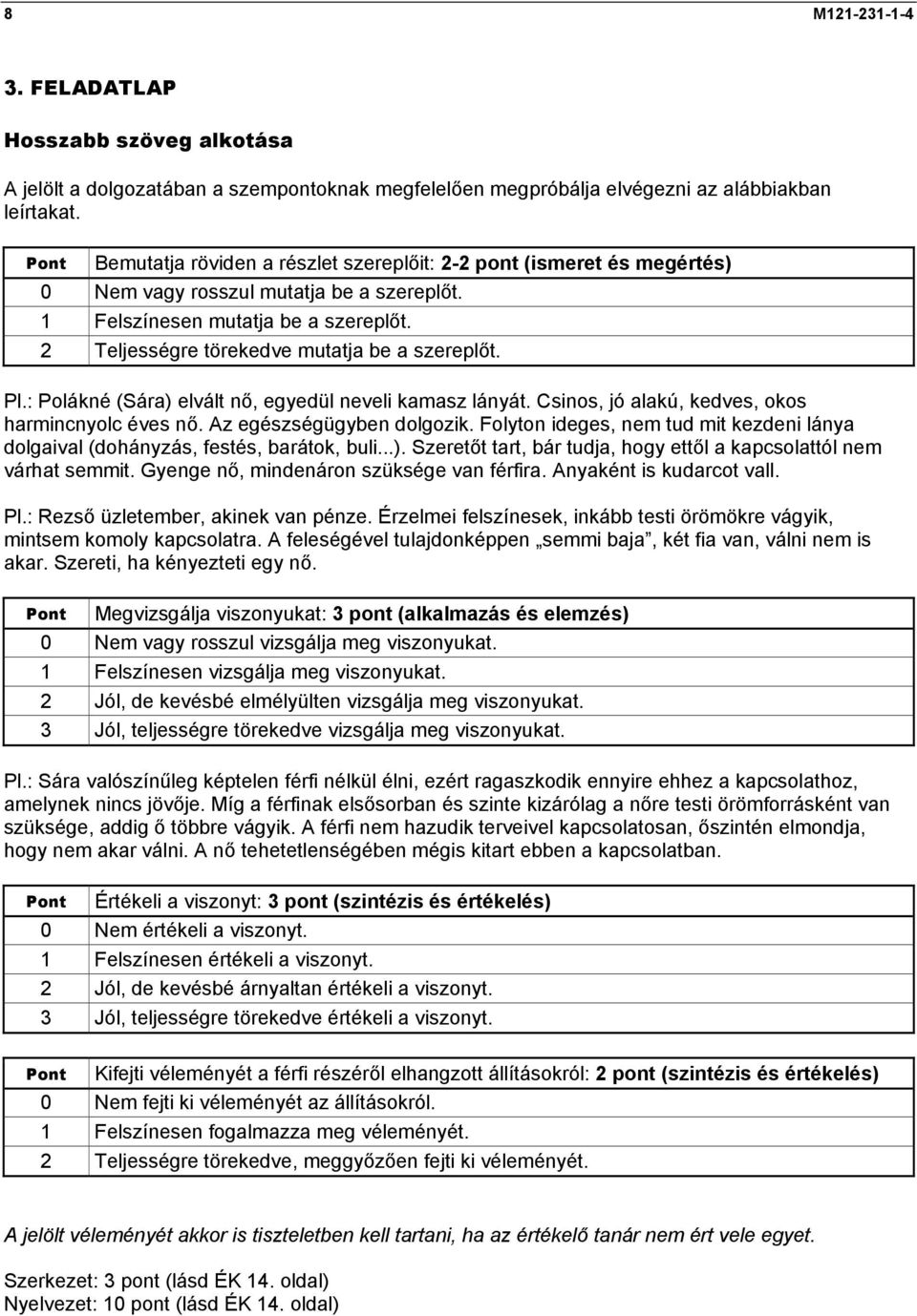 2 Teljességre törekedve mutatja be a szereplőt. Pl.: Polákné (Sára) elvált nő, egyedül neveli kamasz lányát. Csinos, jó alakú, kedves, okos harmincnyolc éves nő. Az egészségügyben dolgozik.