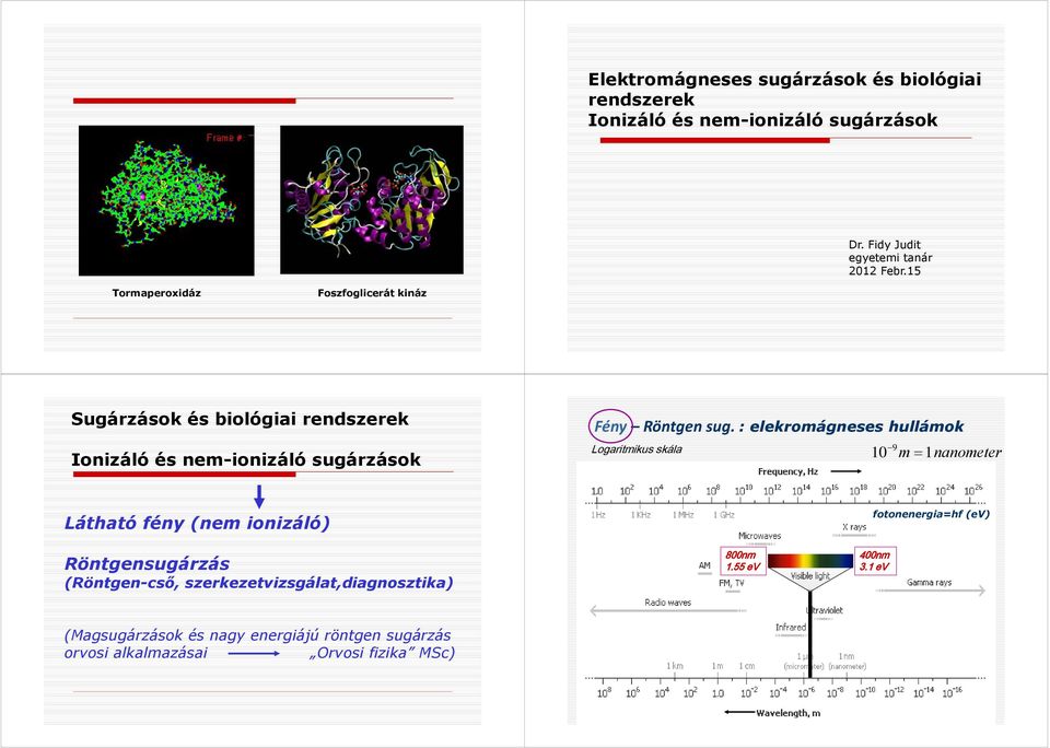 : elekromágneses hullámok Logaritmikus skála 10 9 m = 1nanometer Látható fény (nem ionizáló) fotonenergia=hf (ev) Röntgensugárzás