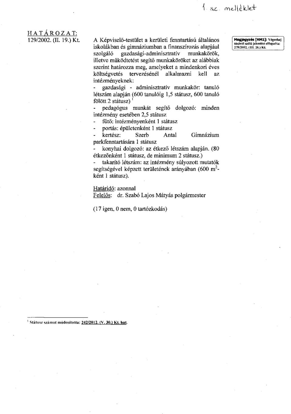 alábbiak szerint határozza meg, amelyeket a mindenkori éves költségvetés tervezésénél alkalmazni kell az intézményeknek: - gazdasági - adminisztratív munkakör: tanuló létszám alapján (600 tanulóig