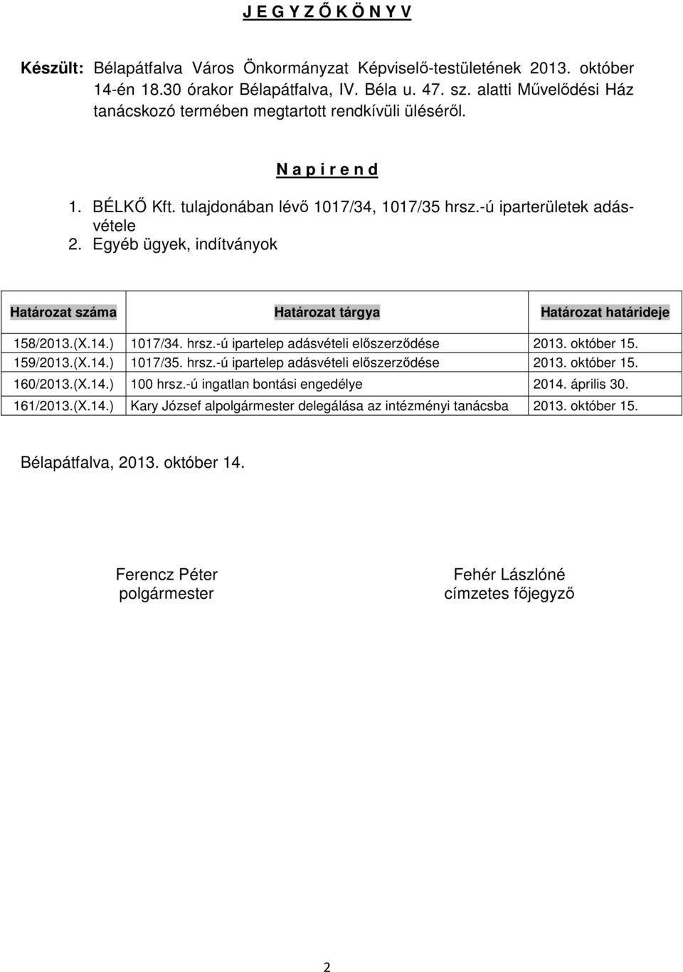 Egyéb ügyek, indítványok Határozat száma Határozat tárgya Határozat határideje 158/2013.(X.14.) 1017/34. hrsz.-ú ipartelep adásvételi előszerződése 2013. október 15. 159/2013.(X.14.) 1017/35. hrsz.-ú ipartelep adásvételi előszerződése 2013. október 15. 160/2013.