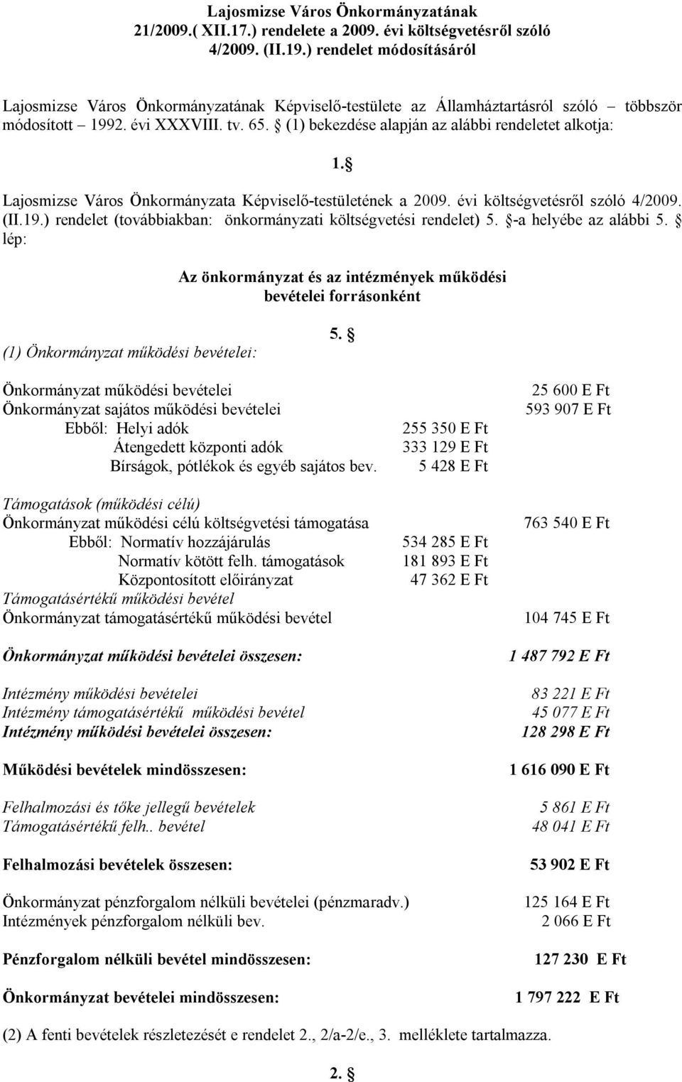(1) bekezdése alapján az alábbi rendeletet alkotja: 1. Lajosmizse Város Önkormányzata Képviselő-testületének a 2009. évi költségvetésről szóló 4/2009. (II.19.