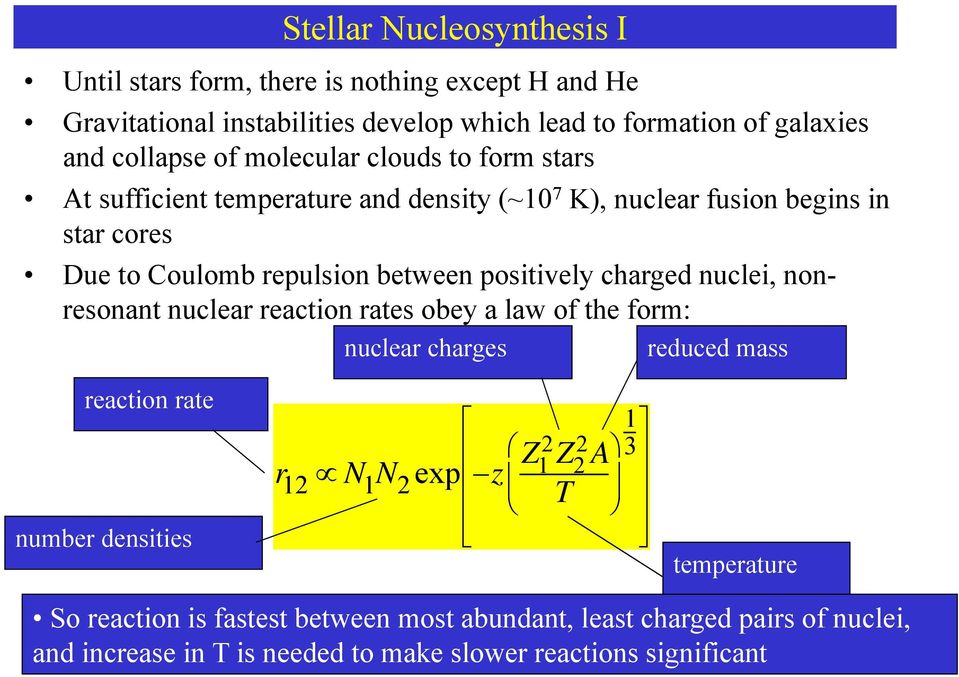 charged nuclei, nonresonant nuclear reaction rates obey a law of the form: nuclear charges reduced mass reaction rate number densities r 12 N 1 N 2 exp z Z 2 1 Z 2