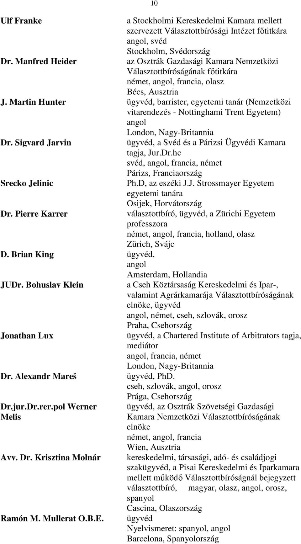 főtitkára,, francia, olasz Bécs, Ausztria J. Martin Hunter, barrister, egyetemi tanár (Nemzetközi vitarendezés - Nottinghami Trent Egyetem) London, Nagy-Britannia Dr. Sigvard Jarvin Srecko Jelinic Dr.