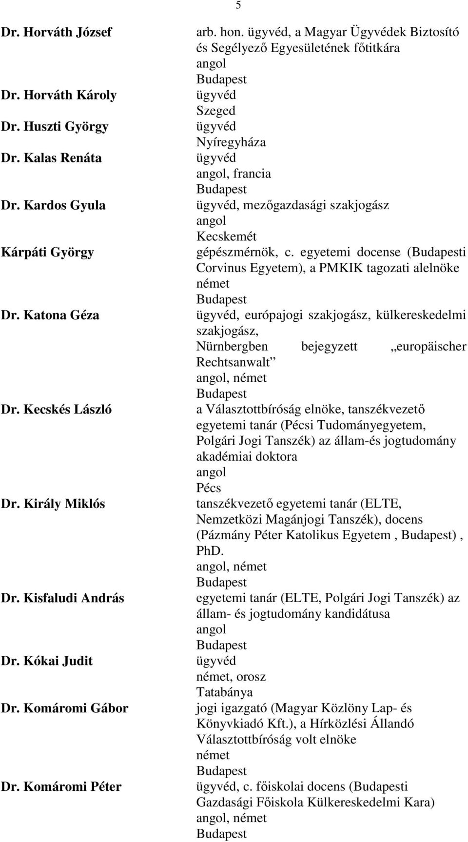 egyetemi docense (i Corvinus Egyetem), a PMKIK tagozati alelnöke, európajogi szakjogász, külkereskedelmi szakjogász, Nürnbergben bejegyzett europäischer Rechtsanwalt, a Választottbíróság elnöke,