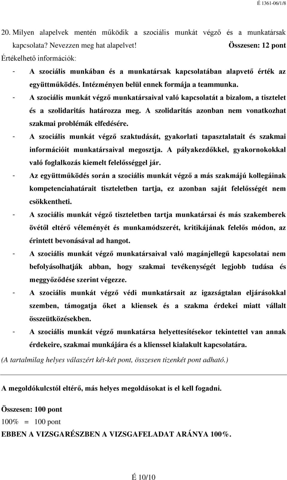 - A szociális munkát végző munkatársaival való kapcsolatát a bizalom, a tisztelet és a szolidaritás határozza meg. A szolidaritás azonban nem vonatkozhat szakmai problémák elfedésére.