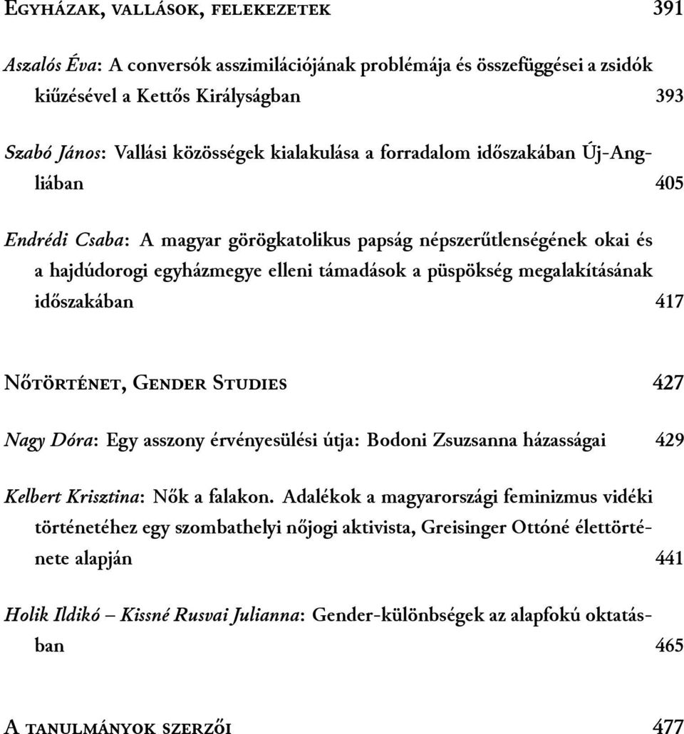 megalakításának időszakában 417 Nőtörténet, Gender Studies 427 Nagy Dóra: Egy asszony érvényesülési útja: Bodoni Zsuzsanna házasságai 429 Kelbert Krisztina: Nők a falakon.