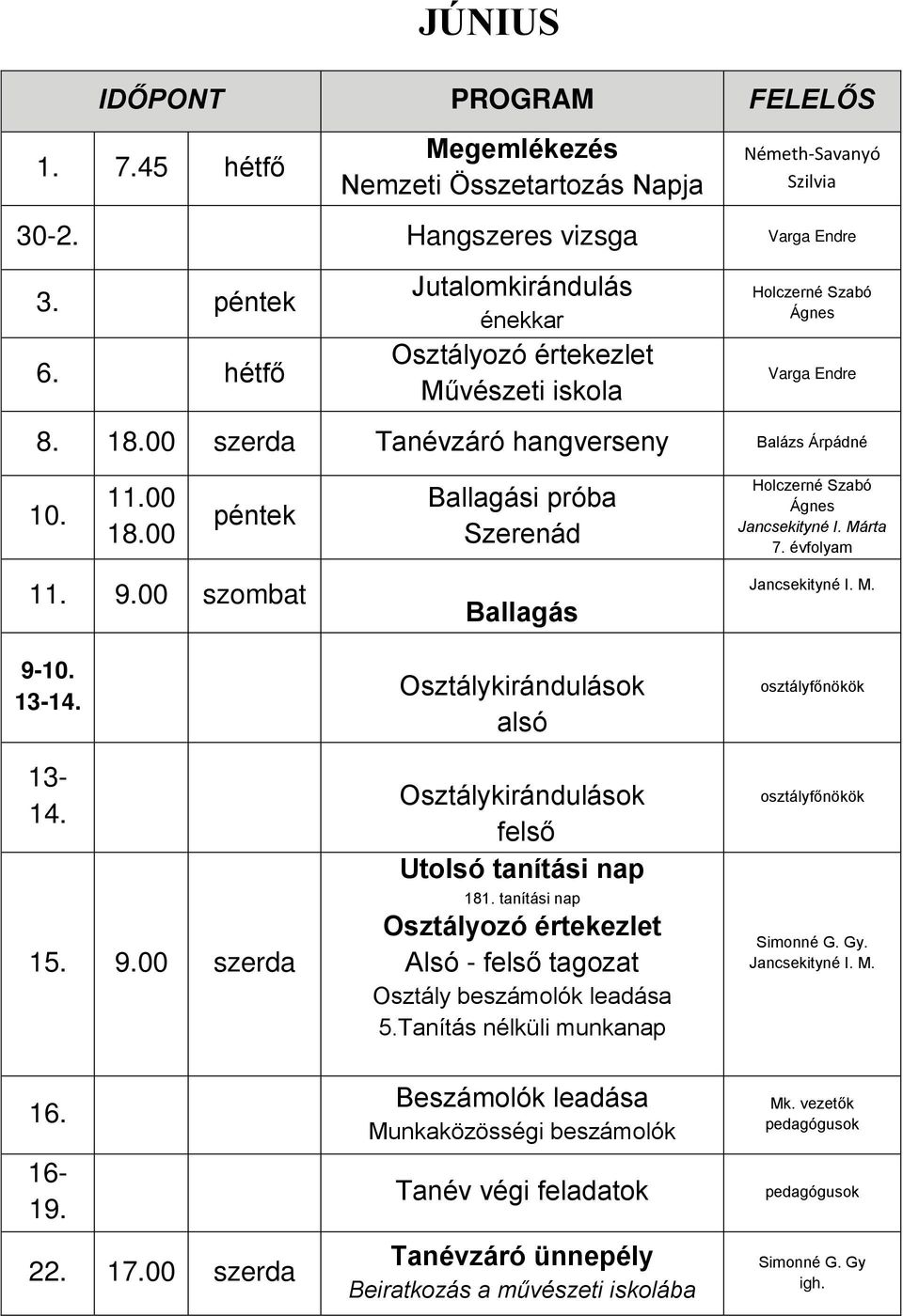 00 péntek Ballagási próba Szerenád Holczerné Szabó Ágnes Jancsekityné I. Márta 7. évfolyam 11. 9.00 szombat 9-10. 13-14. 13-14. 15. 9.00 szerda 16. 16-19. 22. 17.
