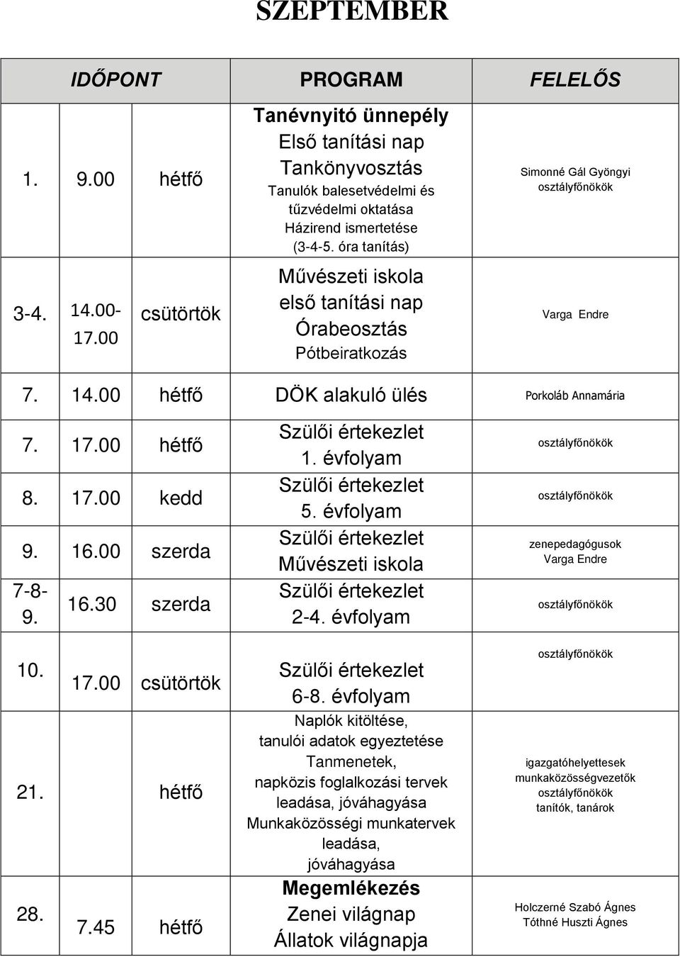 óra tanítás) Művészeti iskola első tanítási nap Órabeosztás Pótbeiratkozás Simonné Gál Gyöngyi 7. 14.00 hétfő DÖK alakuló ülés Porkoláb Annamária 7. 17.00 hétfő 8. 17.00 kedd 9. 16.00 szerda 7-8- 9.