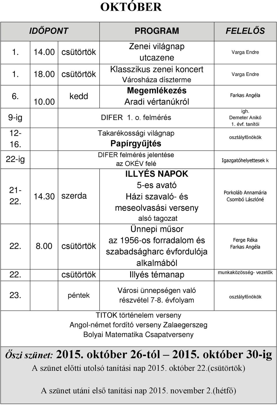 felmérés Takarékossági világnap Papírgyűjtés DIFER felmérés jelentése az OKÉV felé ILLYÉS NAPOK 5-es avató Házi szavaló- és meseolvasási verseny alsó tagozat Ünnepi műsor az 1956-os forradalom és