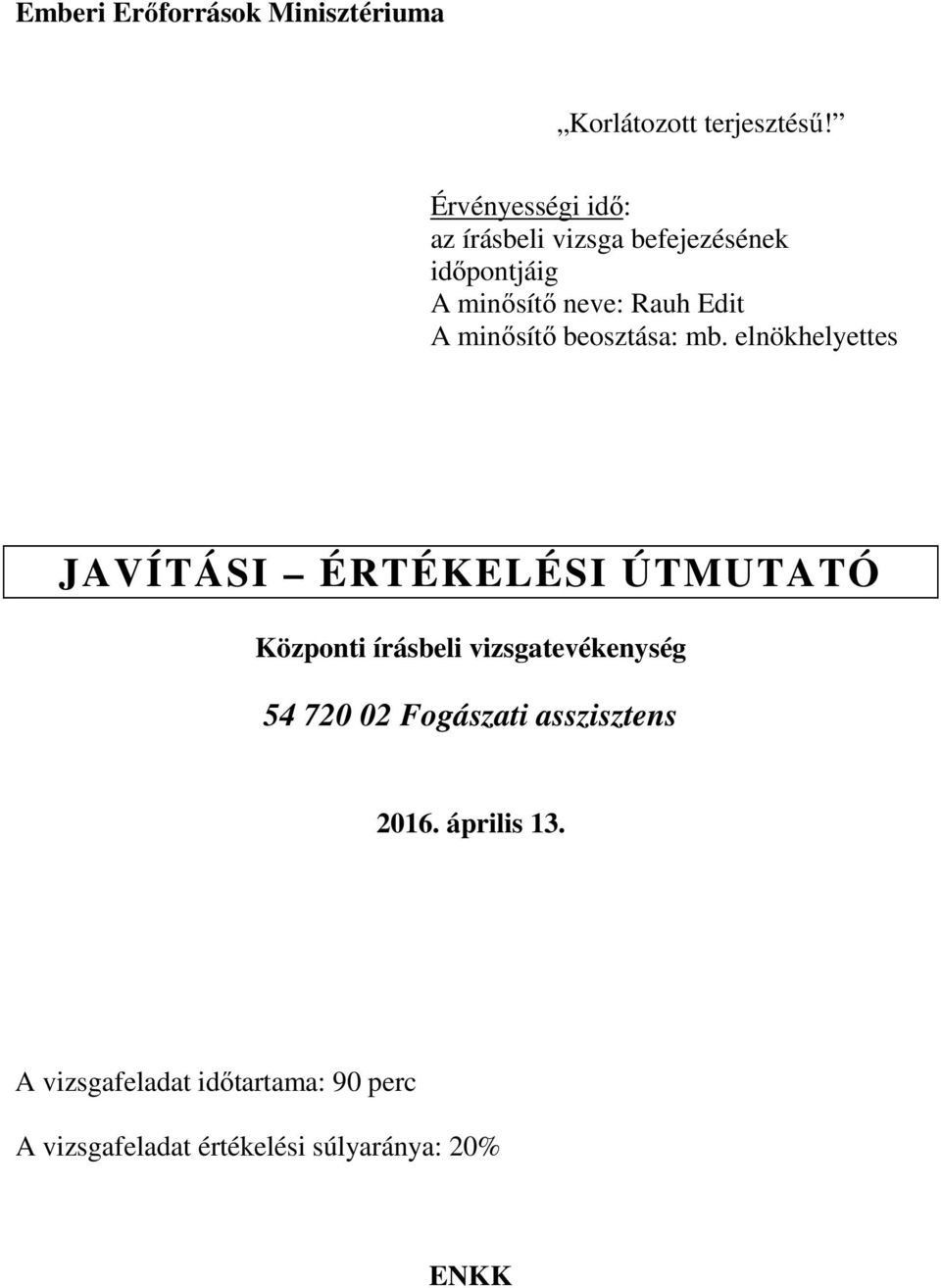 elnökhelyettes JAVÍTÁSI ÉRTÉKELÉSI ÚTMUTATÓ Központi írásbeli vizsgatevékenység 54 720 02