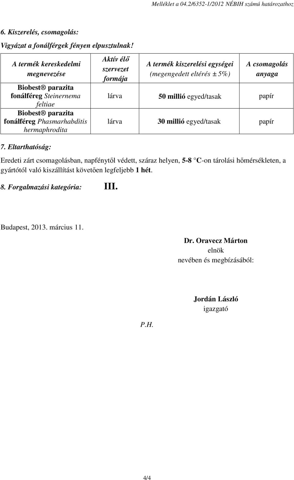 csomagolás anyaga lárva 50 millió egyed/tasak papír lárva 30 millió egyed/tasak papír 7.