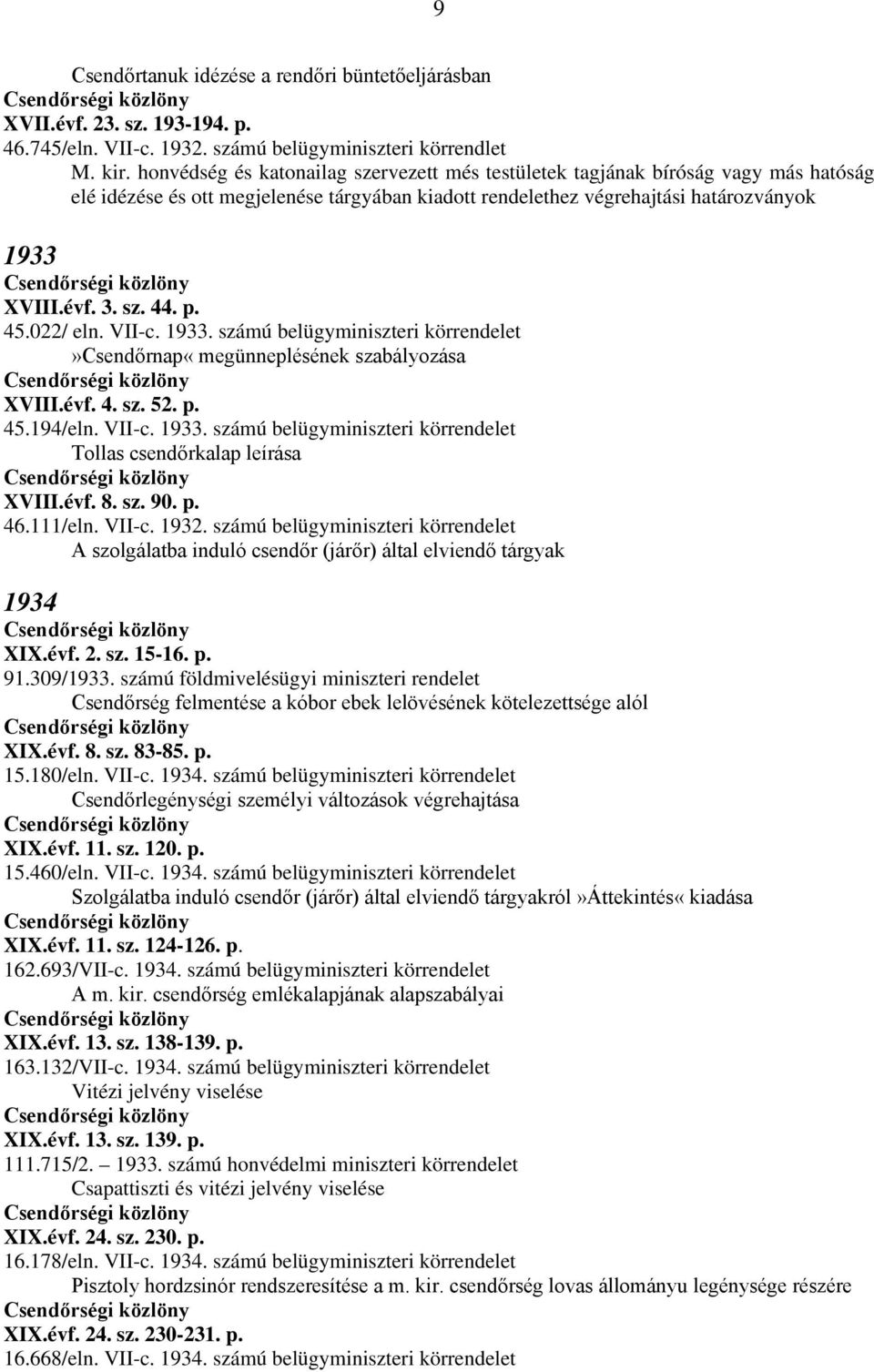 p. 45.022/ eln. VII-c. 1933. számú belügyminiszteri körrendelet»csendőrnap«megünneplésének szabályozása XVIII.évf. 4. sz. 52. p. 45.194/eln. VII-c. 1933. számú belügyminiszteri körrendelet Tollas csendőrkalap leírása XVIII.