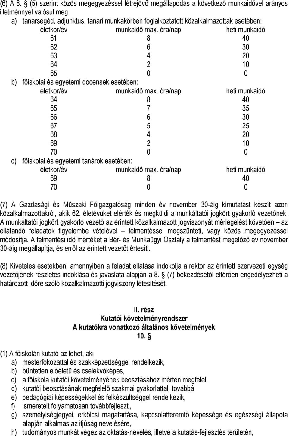 életkor/év munkaidő max. óra/nap heti munkaidő 61 8 40 62 6 30 63 4 20 64 2 10 65 0 0 b) főiskolai és egyetemi docensek esetében: életkor/év munkaidő max.