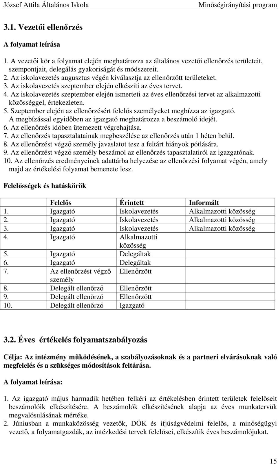 Az iskolavezetés szeptember elején ismerteti az éves ellenrzési tervet az alkalmazotti közösséggel, értekezleten. 5. Szeptember elején az ellenrzésért felels személyeket megbízza az igazgató.