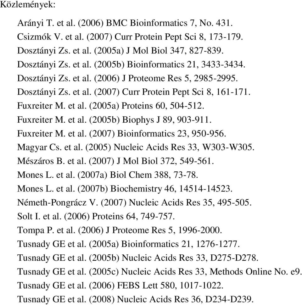 Fuxreiter M. et al. (2007) Bioinformatics 23, 950-956. Magyar Cs. et al. (2005) Nucleic Acids Res 33, W303-W305. Mészáros B. et al. (2007) J Mol Biol 372, 549-561. Mones L. et al. (2007a) Biol Chem 388, 73-78.