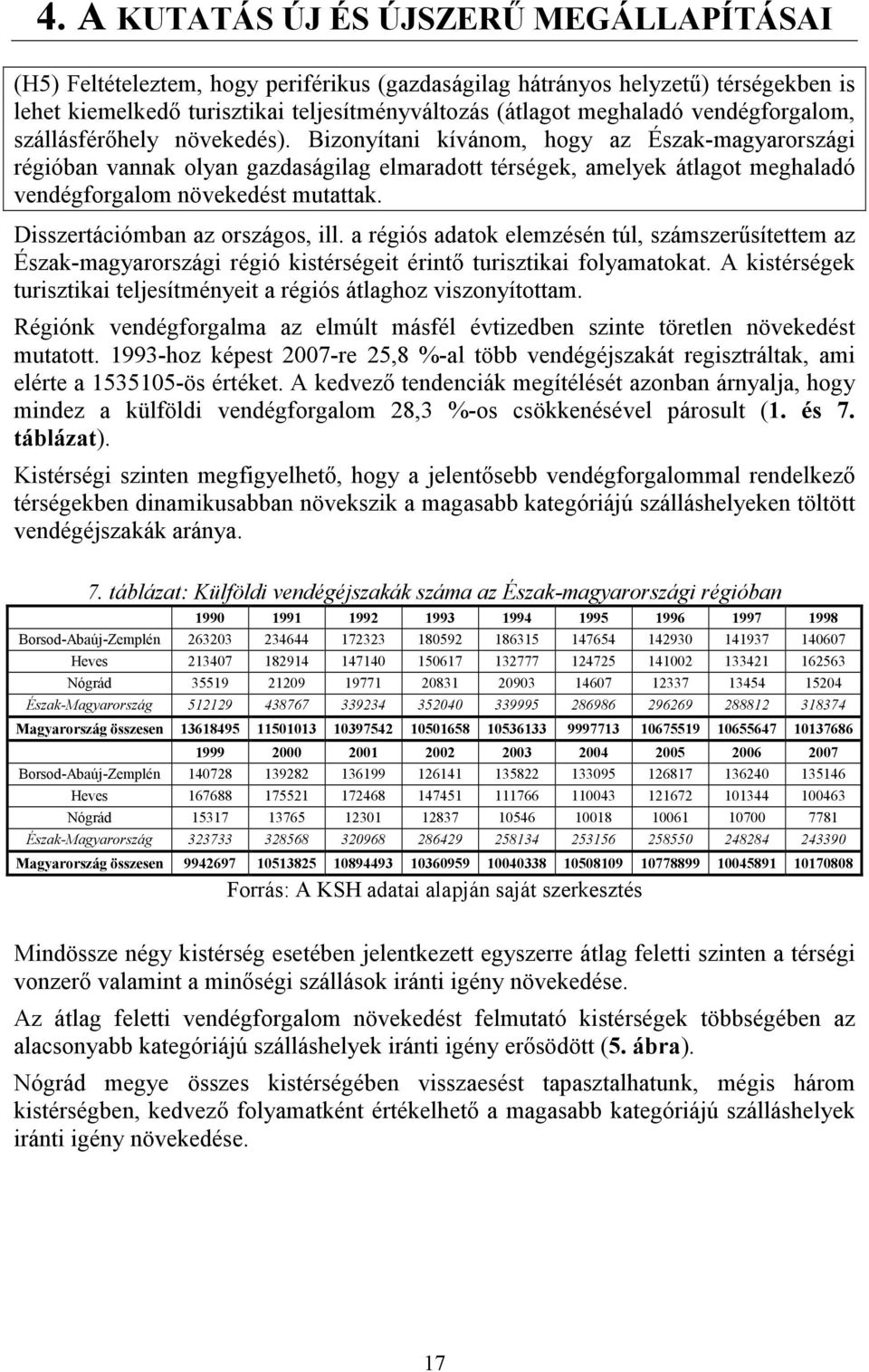 Disszertációmban az országos, ill. a régiós adatok elemzésén túl, számszerősítettem az Észak-magyarországi régió kistérségeit érintı turisztikai folyamatokat.