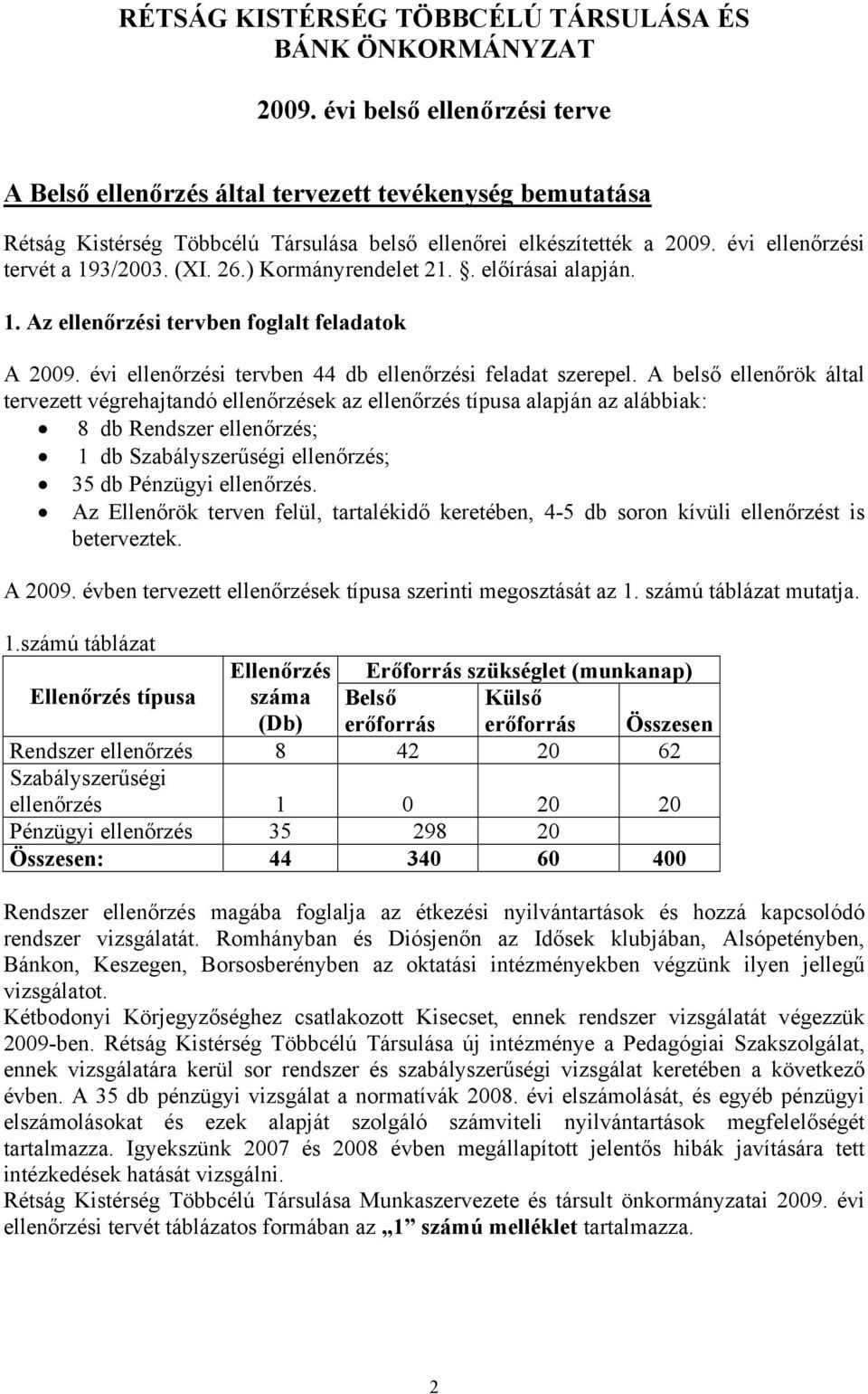 26.) Kormányrendelet 21.. előírásai alapján. 1. Az ellenőrzési tervben foglalt feladatok A 2009. évi ellenőrzési tervben 44 db ellenőrzési feladat szerepel.