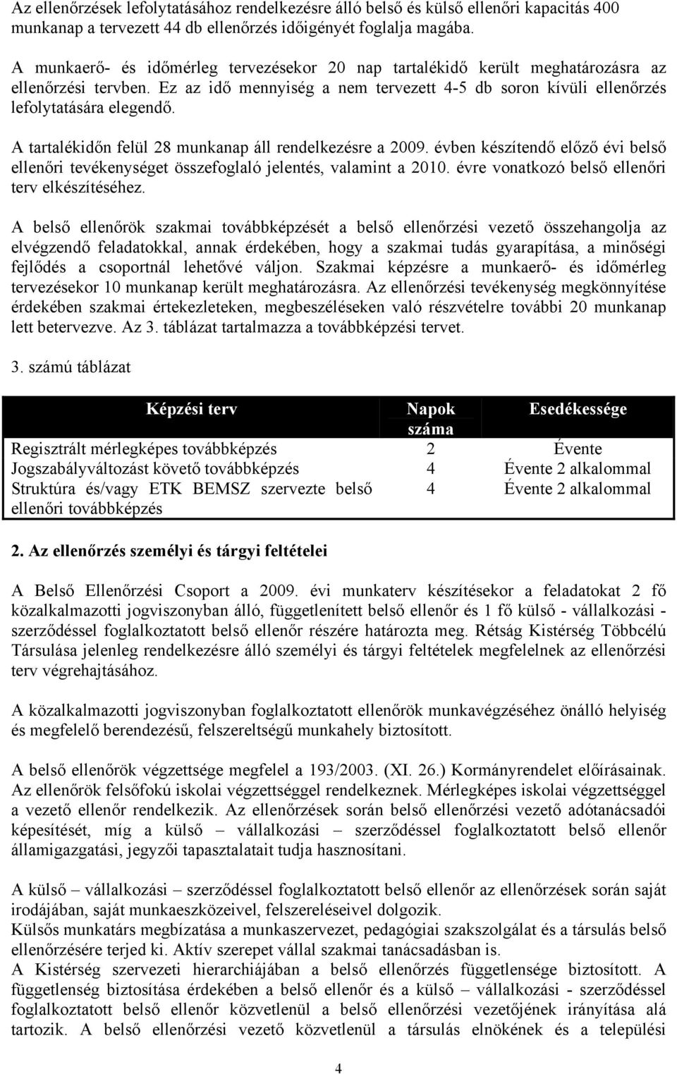 A tartalékidőn felül 28 munkanap áll rendelkezésre a 2009. évben készítendő előző évi belső ellenőri tevékenységet összefoglaló jelentés, valamint a 2010.