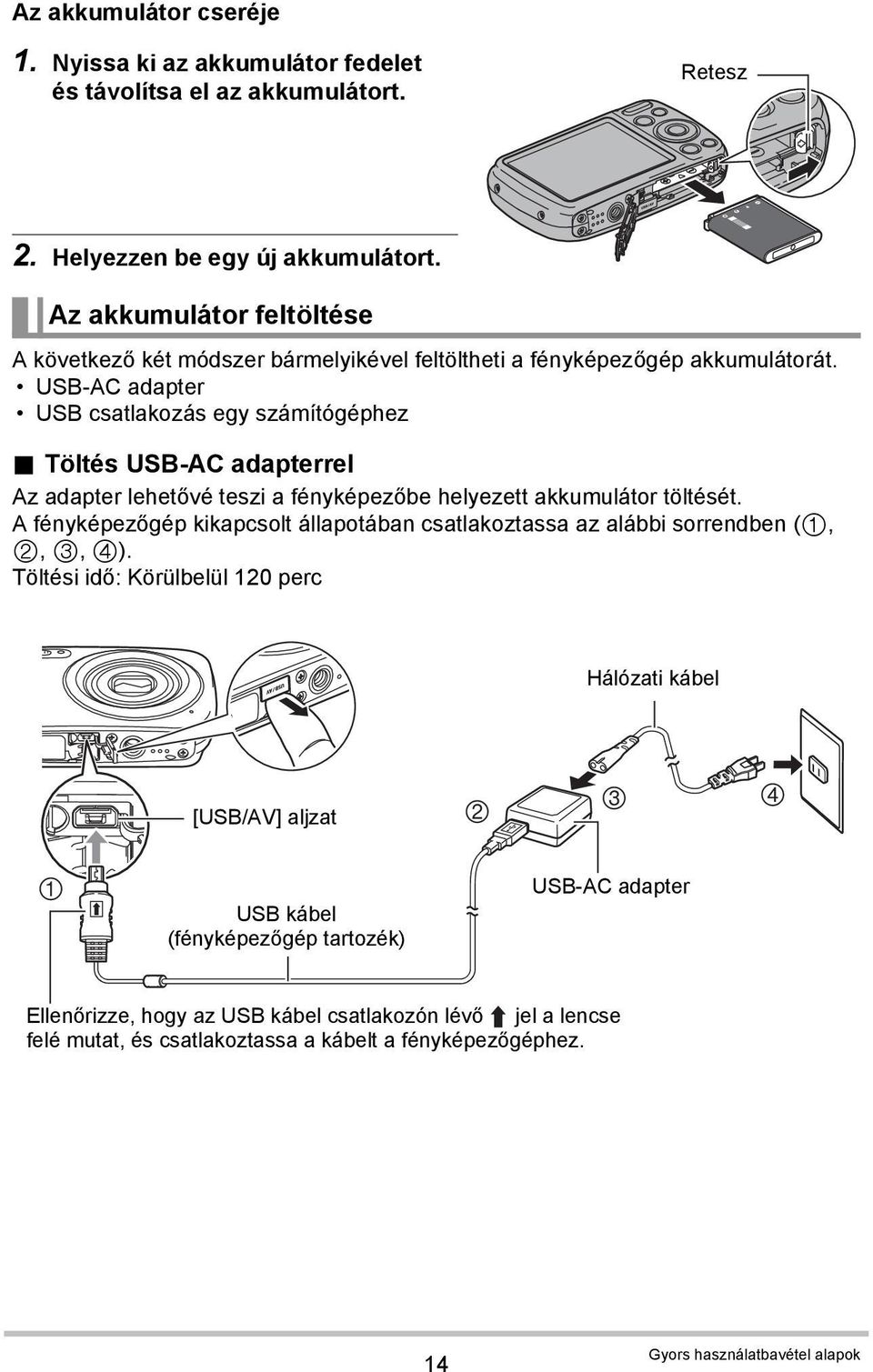 Töltés USB-AC adapterrel Az adapter lehetővé teszi a fényképezőbe helyezett akkumulátor töltését. A fényképezőgép kikapcsolt állapotában csatlakoztassa az alábbi sorrendben (1, 2, 3, 4).