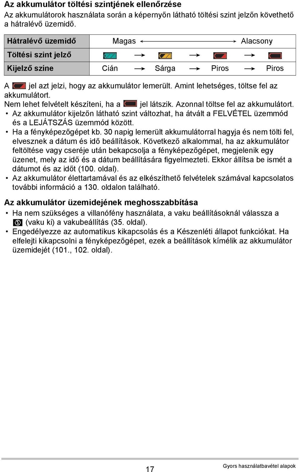 Nem lehet felvételt készíteni, ha a jel látszik. Azonnal töltse fel az akkumulátort. Az akkumulátor kijelzőn látható szint változhat, ha átvált a FELVÉTEL üzemmód és a LEJÁTSZÁS üzemmód között.