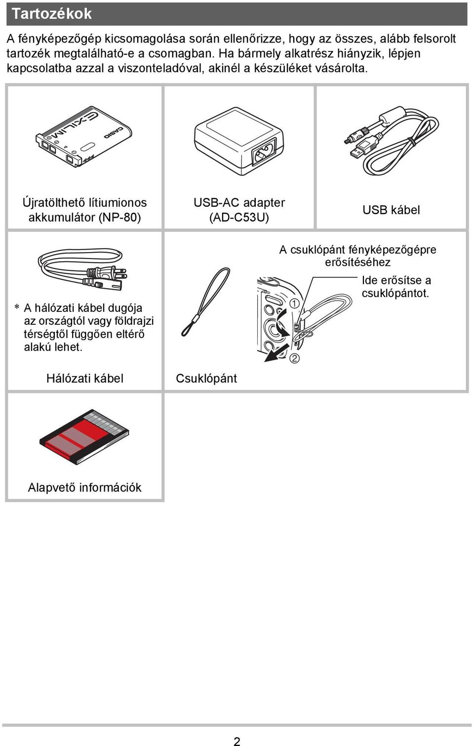 Újratölthető lítiumionos akkumulátor (NP-80) USB-AC adapter (AD-C53U) USB kábel * A hálózati kábel dugója az országtól vagy