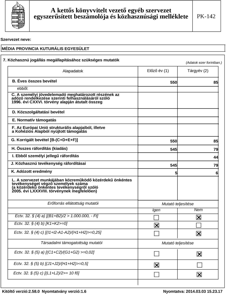 Normatív támogatás F. Az Európai Unió strukturális alapjaiból, illetve a Kohéziós Alapból nyújtott támogatás G. Korrigált bevétel [B-(C+D+E+F)] H. Összes ráfordítás (kiadás) I.