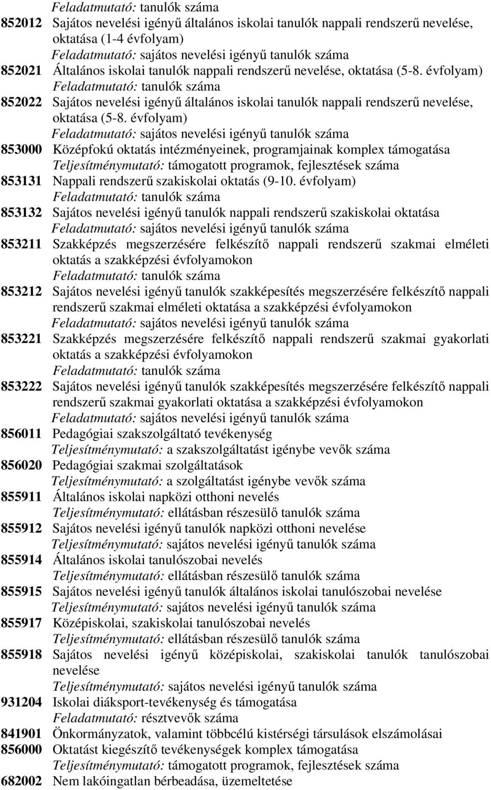 évfolyam) Feladatmutató: tanulók száma 852022 Sajátos nevelési igényű általános iskolai tanulók nappali rendszerű nevelése, oktatása (5-8.