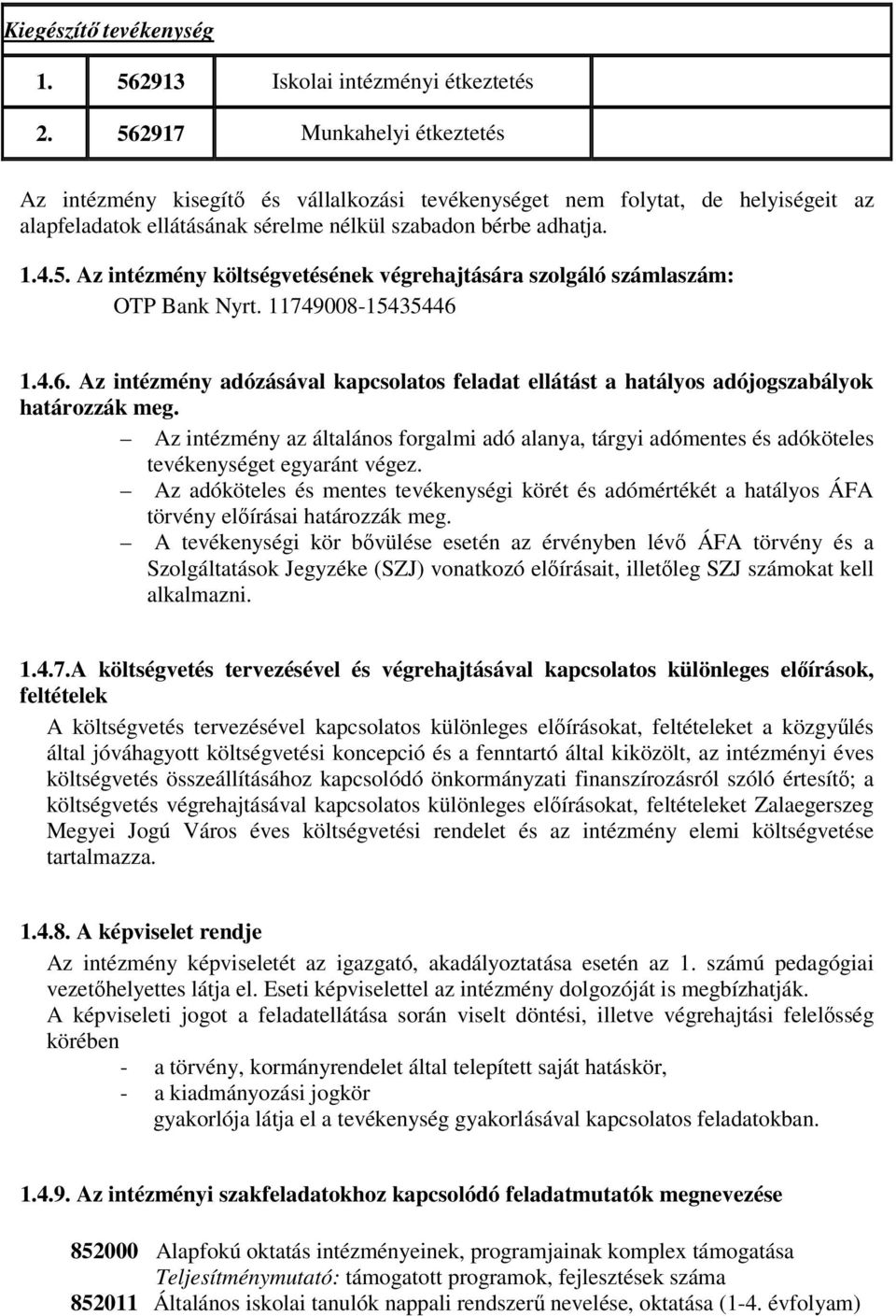 11749008-15435446 1.4.6. Az intézmény adózásával kapcsolatos feladat ellátást a hatályos adójogszabályok határozzák meg.