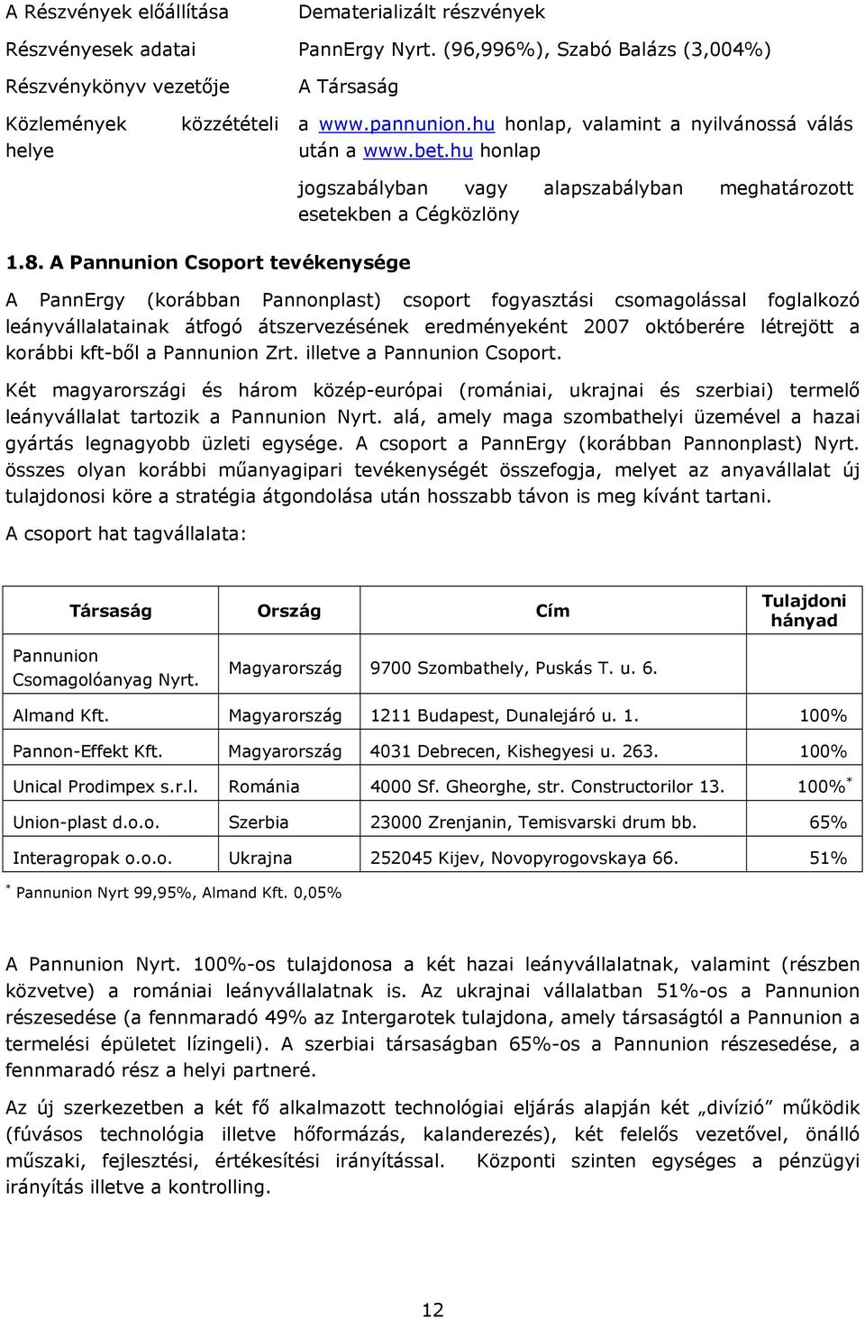A Pannunion Csoport tevékenysége A PannErgy (korábban Pannonplast) csoport fogyasztási csomagolással foglalkozó leányvállalatainak átfogó átszervezésének eredményeként 2007 októberére létrejött a