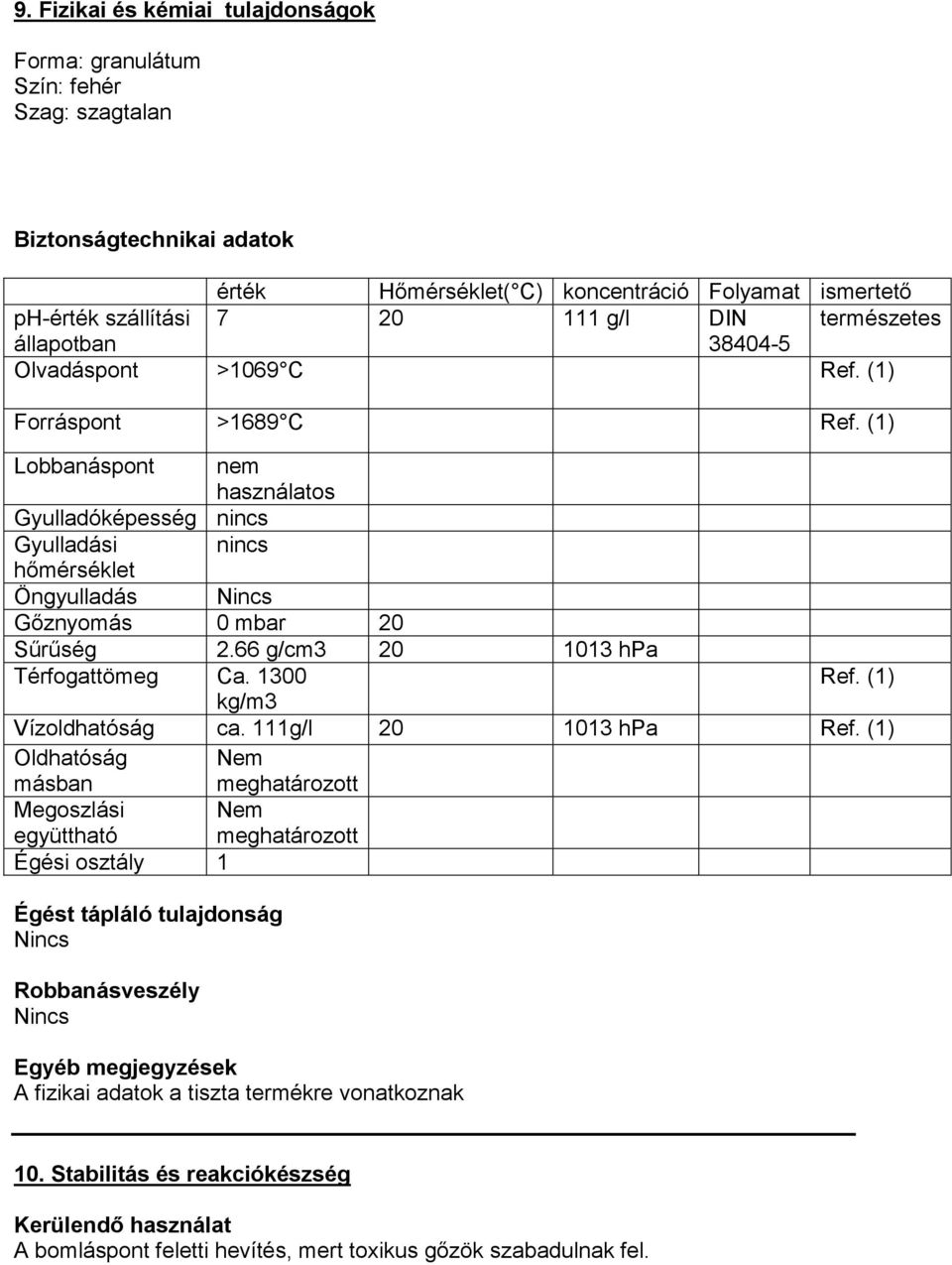 (1) Lobbanáspont nem használatos Gyulladóképesség nincs Gyulladási nincs hőmérséklet Öngyulladás Gőznyomás 0 mbar 20 Sűrűség 2.66 g/cm3 20 1013 hpa Térfogattömeg Ca. 1300 Ref.
