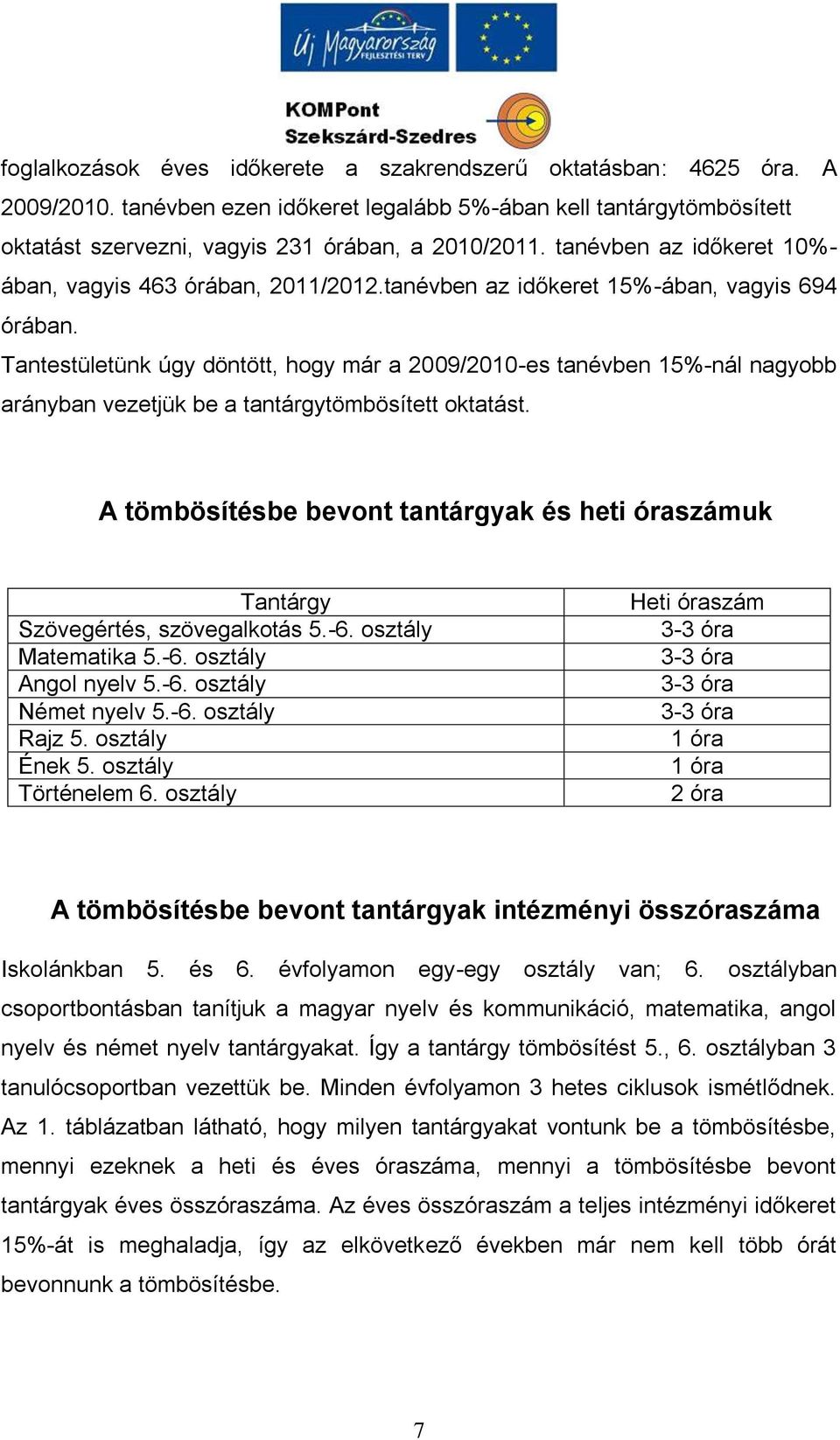 Tantestületünk úgy döntött, hogy már a 2009/2010-es tanévben 15%-nál nagyobb arányban vezetjük be a tantárgytömbösített oktatást.