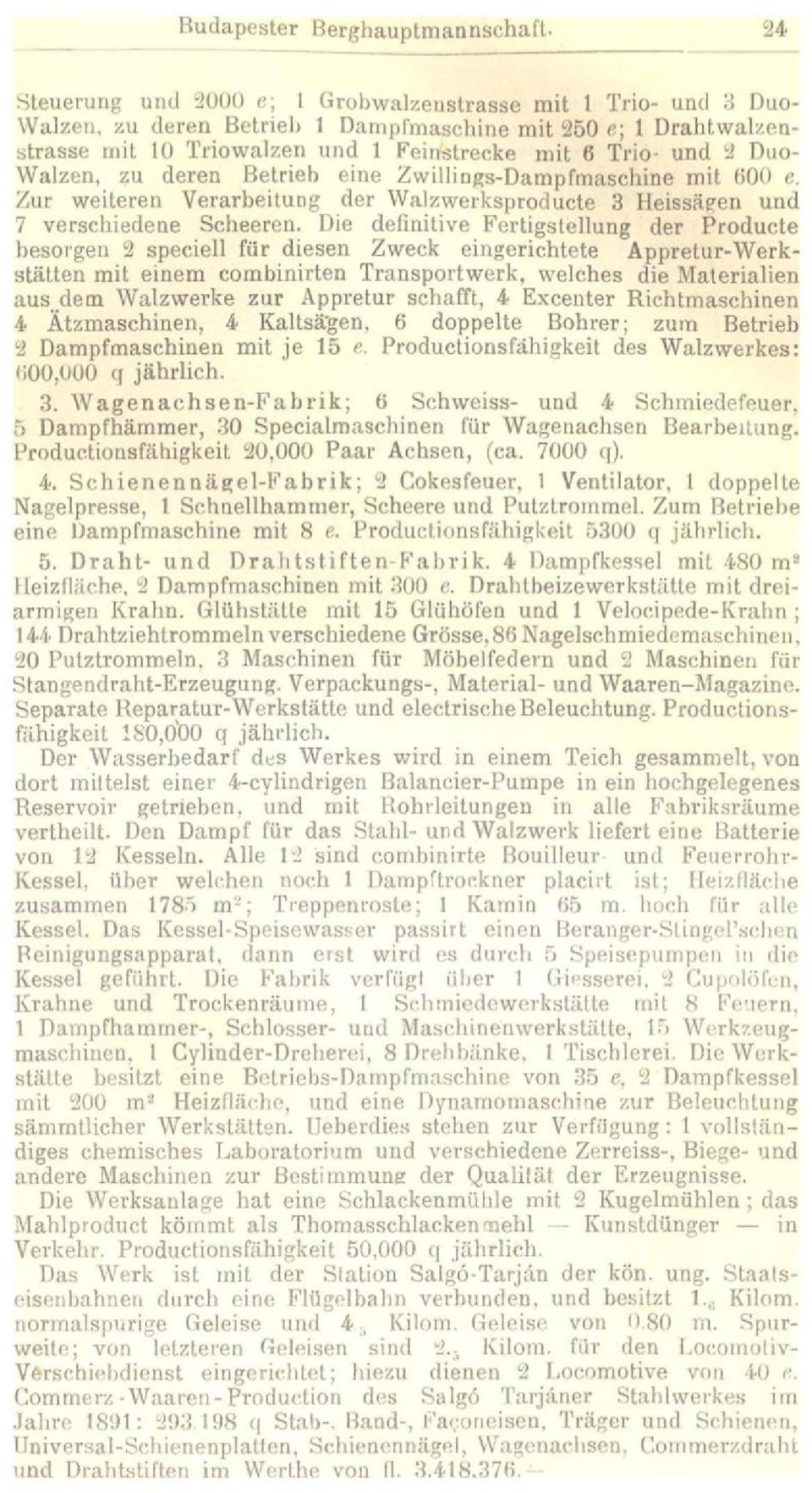 Walzen, zu deren Betrieb eine Zwillings-Dampfmaschine mit 600 e. Zur weiteren Verarbeitung der Walzwerksproducte 3 Heissägen und 7 verschiedene Scheeren.