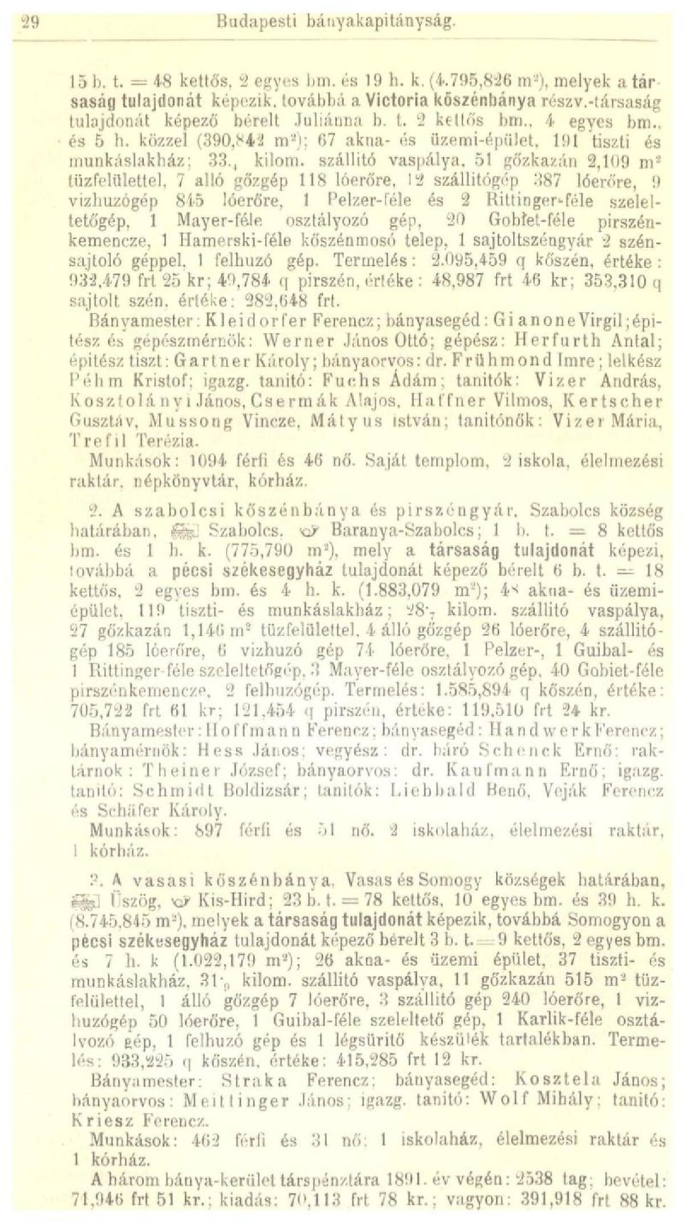 szállító vaspálya, 51 gőzkazán 2,109 m 2 tüzfelülettel, 7 álló gőzgép 118 lóerőre, 12 szállitógép 387 lóerőre, 9 vizhuzógép 845 lóerőre, 1 Pelzer-íele és 2 Ritt inger-féle szele I- tetőgép, 1