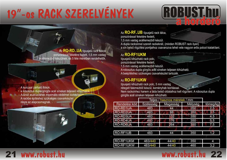 A rackbe építéshez szükséges csavarkészlet része az alapcsomagnak. RO-RF..UB típusjelű rack tálca, porszórással feketére festett, 1,5 mm vastag acéllemezből készül.