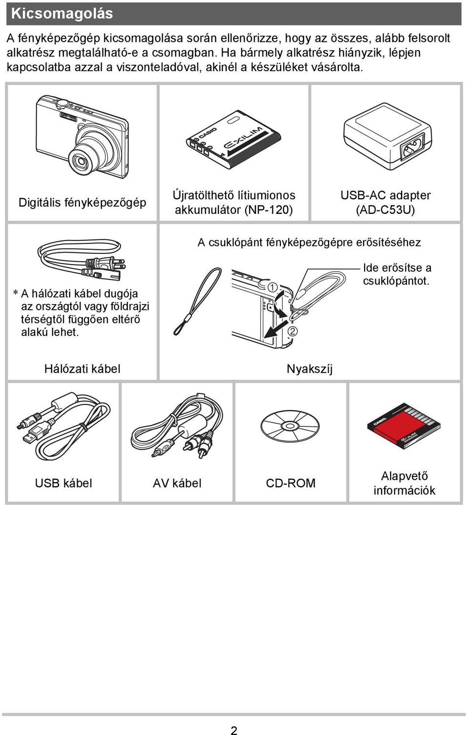 Digitális fényképezőgép Újratölthető lítiumionos akkumulátor (NP-120) USB-AC adapter (AD-C53U) A csuklópánt fényképezőgépre erősítéséhez * A