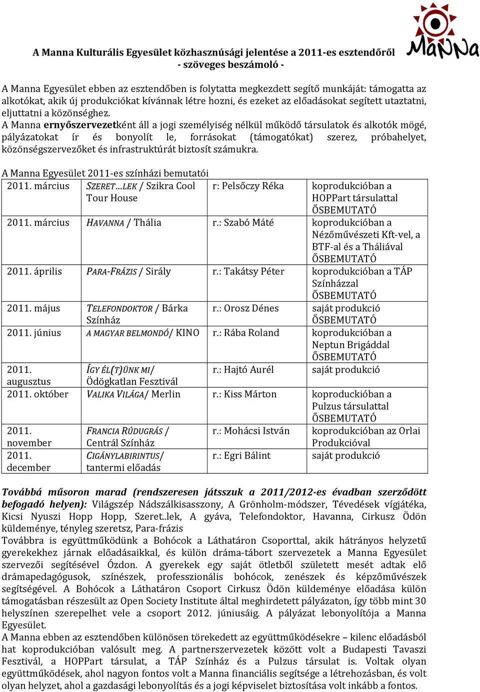 A Manna ernyőszervezetként áll a jogi személyiség nélkül működő társulatok és alkotók mögé, pályázatokat ír és bonyolít le, forrásokat (támogatókat) szerez, próbahelyet, közönségszervezőket és