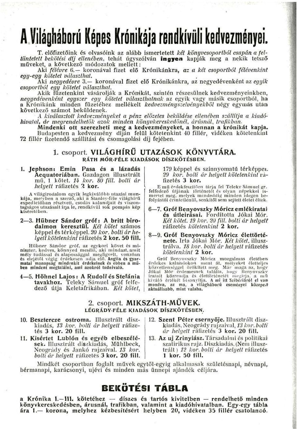 mellett: Aki félévre 6. koronával fizet elő Krónikánkra, az a két csoportból félévenkint egy-egy kötetei választhat. Aki negyedévre 3.