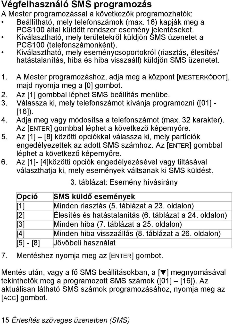 Kiválasztható, mely eseménycsoportokról (riasztás, élesítés/ hatástalanítás, hiba és hiba visszaáll) küldjön SMS üzenetet. 1.