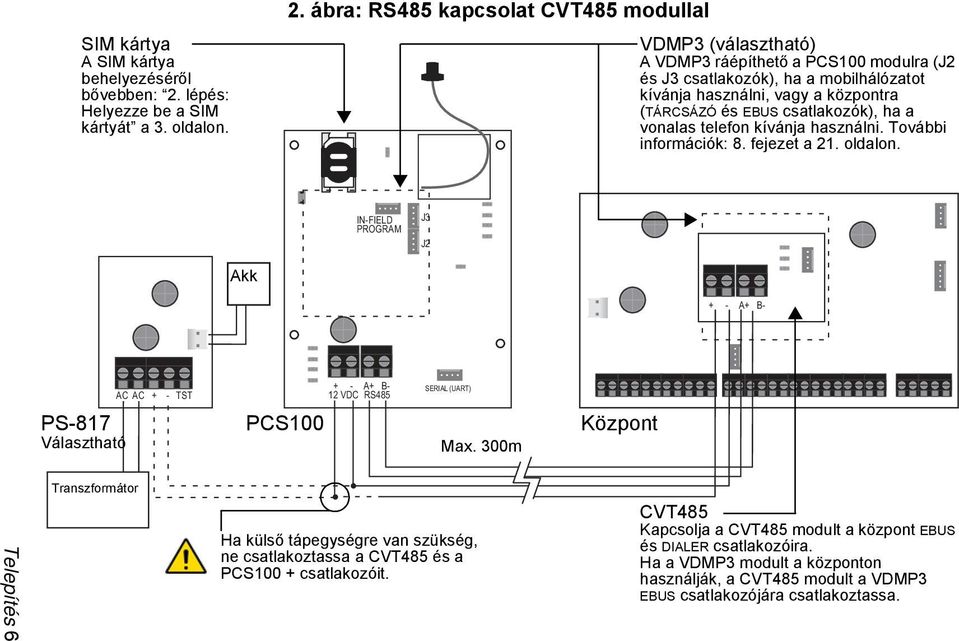 ábra: RS485 kapcsolat CVT485 modullal VDMP3 (választható) A VDMP3 ráépíthető a PCS100 modulra (J2 és J3 csatlakozók), ha a mobilhálózatot kívánja használni, vagy a központra (TÁRCSÁZÓ és EBUS