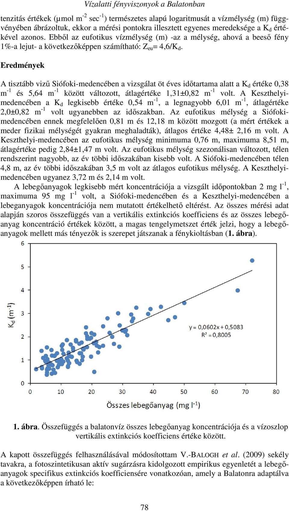 Eredmények A tisztább vizű Siófoki-medencében a vizsgálat öt éves időtartama alatt a K d értéke 0,38 m -1 és 5,64 m -1 között változott, átlagértéke 1,31±0,82 m -1 volt.