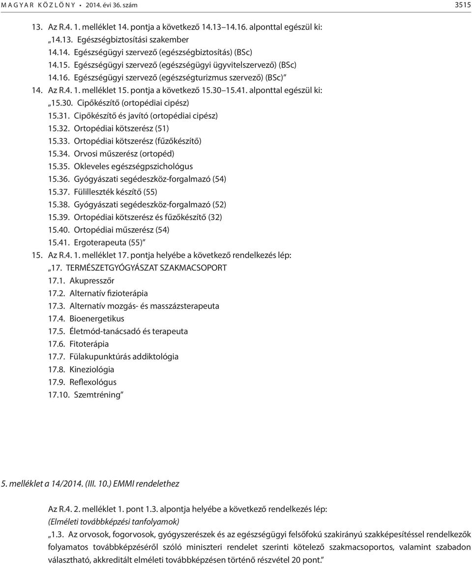 alponttal egészül ki: 15.30. Cipőkészítő (ortopédiai cipész) 15.31. Cipőkészítő és javító (ortopédiai cipész) 15.32. Ortopédiai kötszerész (51) 15.33. Ortopédiai kötszerész (fűzőkészítő) 15.34.