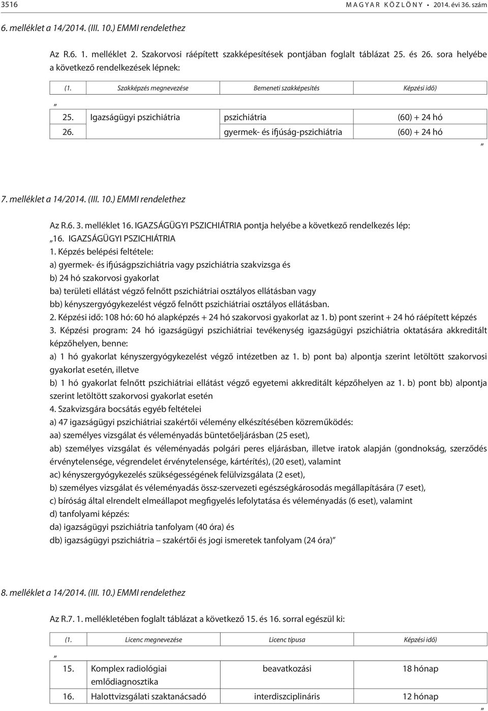 gyermek- és ifjúság-pszichiátria (60) + 24 hó 7. melléklet a 14/2014. (III. 10.) EMMI rendelethez Az R.6. 3. melléklet 16. IGAZSÁGÜGYI PSZICHIÁTRIA pontja helyébe a következő rendelkezés lép: 16.