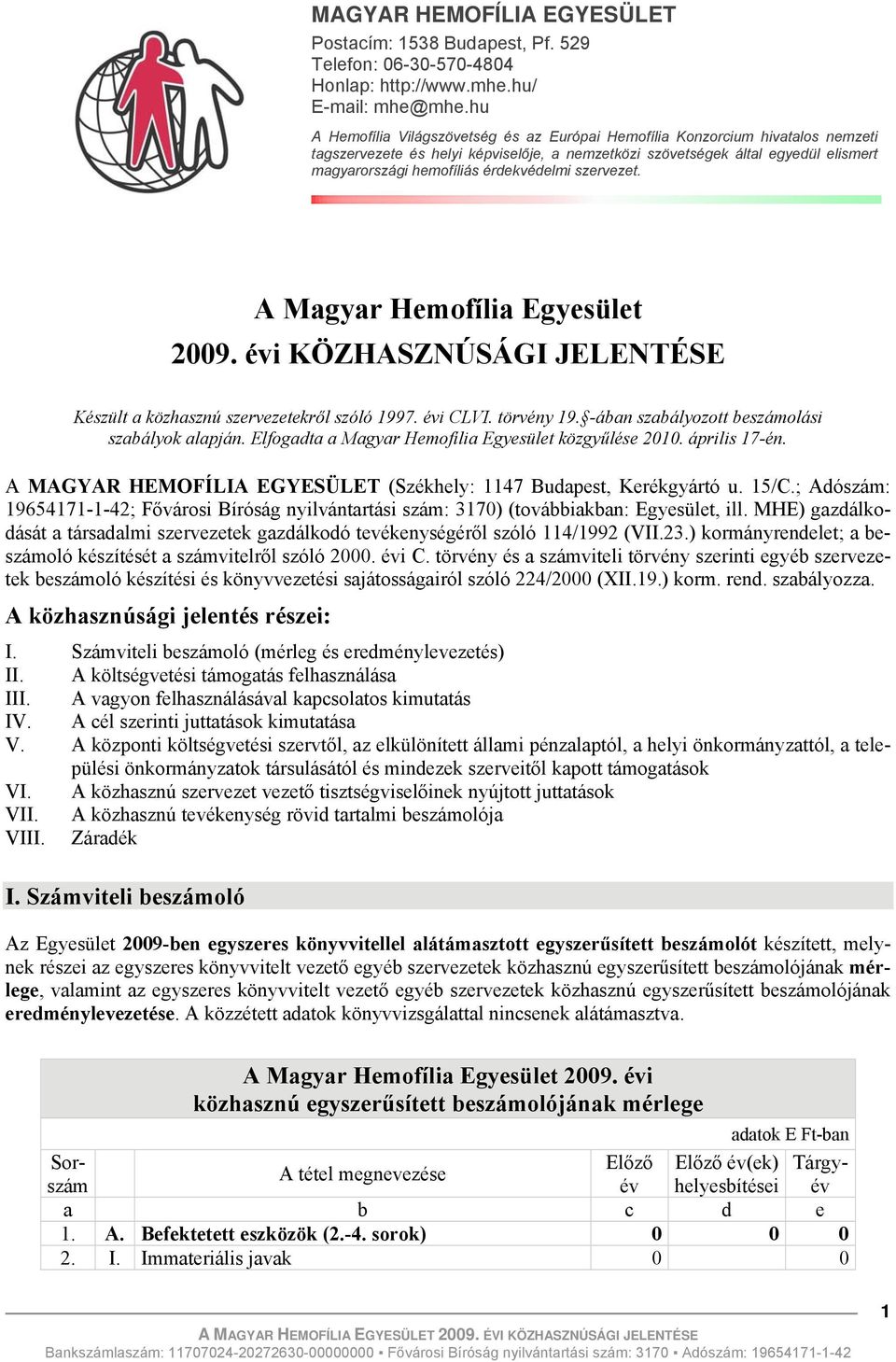 érdekvédelmi szervezet. A Magyar Hemofília Egyesület 2009. évi KÖZHASZNÚSÁGI JELENTÉSE Készült a közhasznú szervezetekről szóló 1997. évi CLVI. törvény 19.