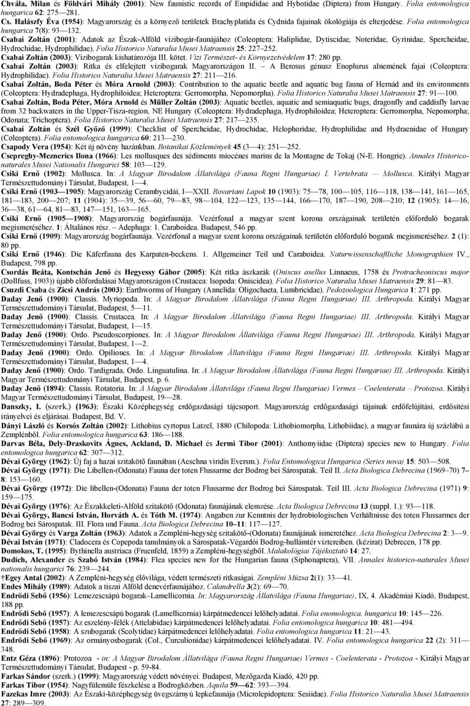 Csabai Zoltán (2001): Adatok az Észak-Alföld vízibogár-faunájához (Coleoptera: Haliplidae, Dytiscidae, Noteridae, Gyrinidae, Spercheidae, Hydrochidae, Hydrophilidae).