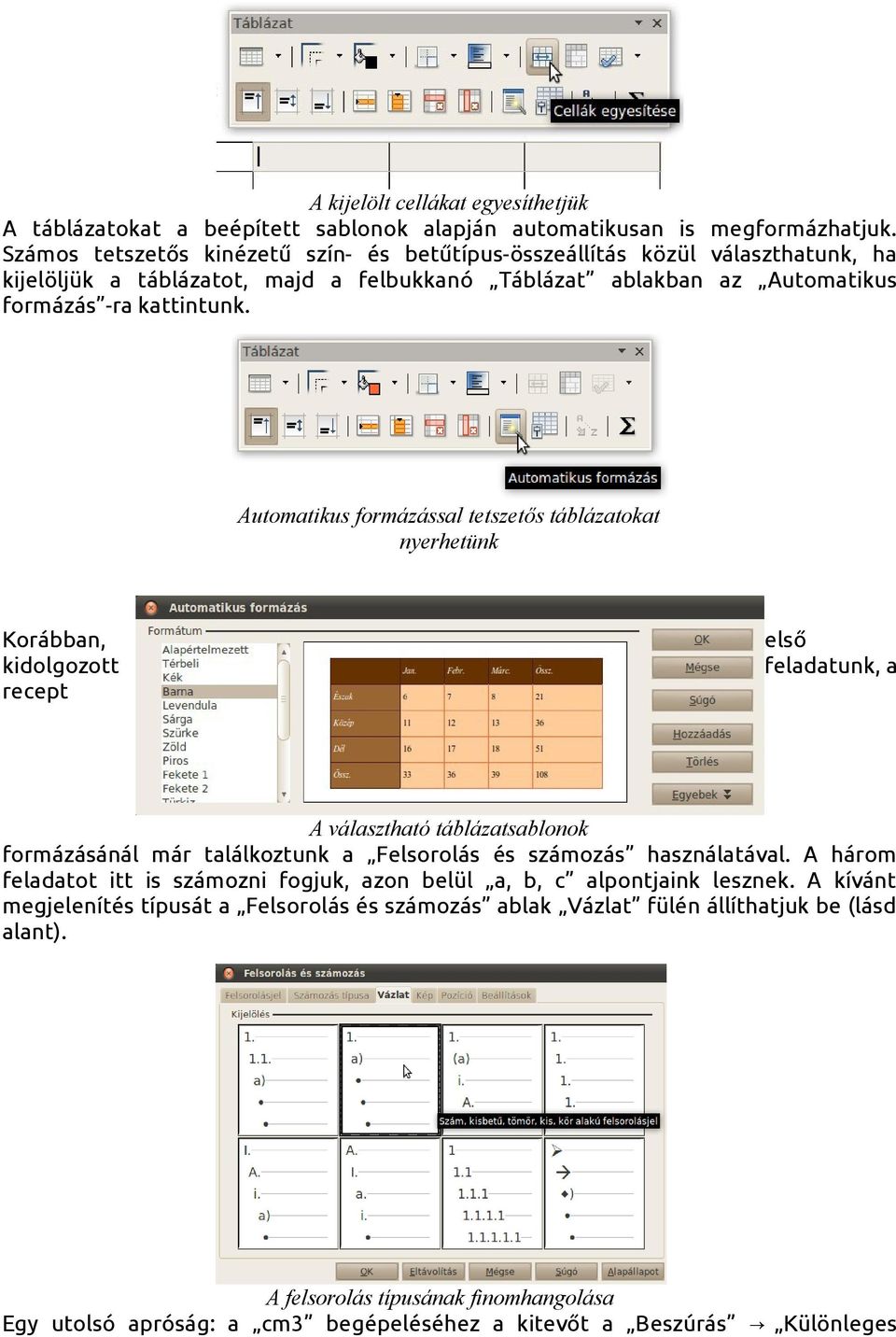 Automatikus formázással tetszetős táblázatokat nyerhetünk Korábban, kidolgozott recept első feladatunk, a A választható táblázatsablonok formázásánál már találkoztunk a Felsorolás és számozás