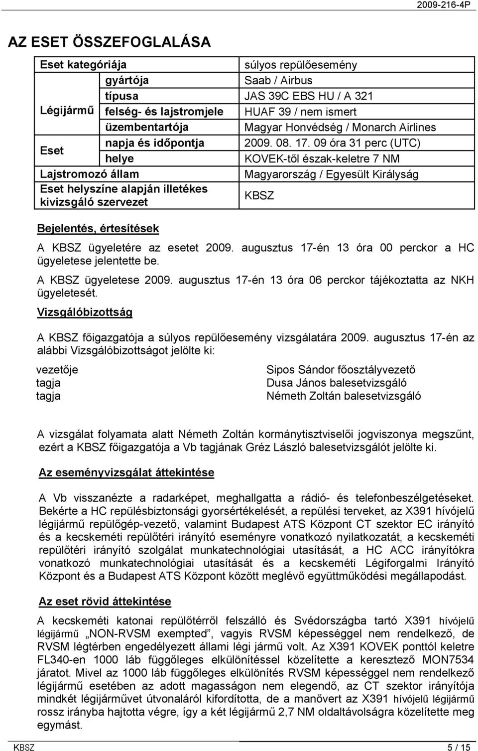 09 óra 31 perc (UTC) helye KOVEK-től észak-keletre 7 NM Lajstromozó állam Magyarország / Egyesült Királyság Eset helyszíne alapján illetékes kivizsgáló szervezet KBSZ Bejelentés, értesítések A KBSZ