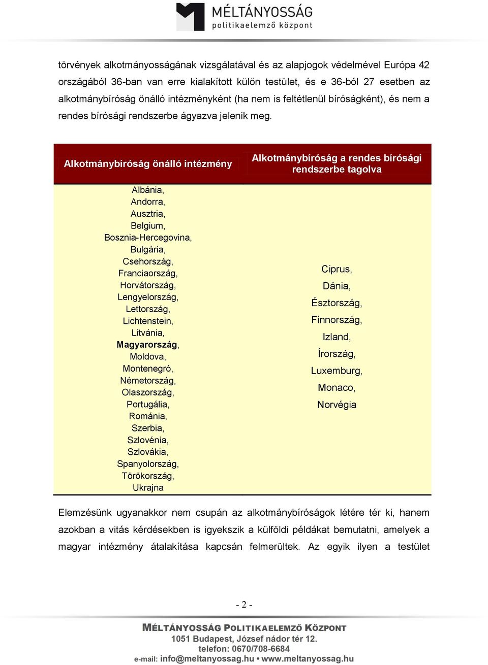 Alkotmánybíróság önálló intézmény Albánia, Andorra, Ausztria, Belgium, Bosznia-Hercegovina, Bulgária, Csehország, Franciaország, Horvátország, Lengyelország, Lettország, Lichtenstein, Litvánia,