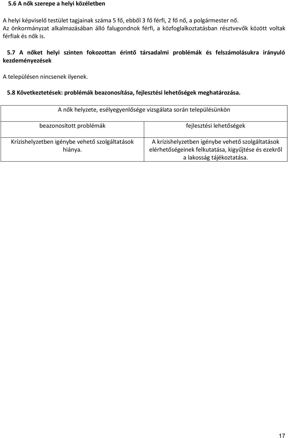 7 A nőket helyi szinten fokozottan érintő társadalmi problémák és felszámolásukra irányuló kezdeményezések A településen nincsenek ilyenek. 5.