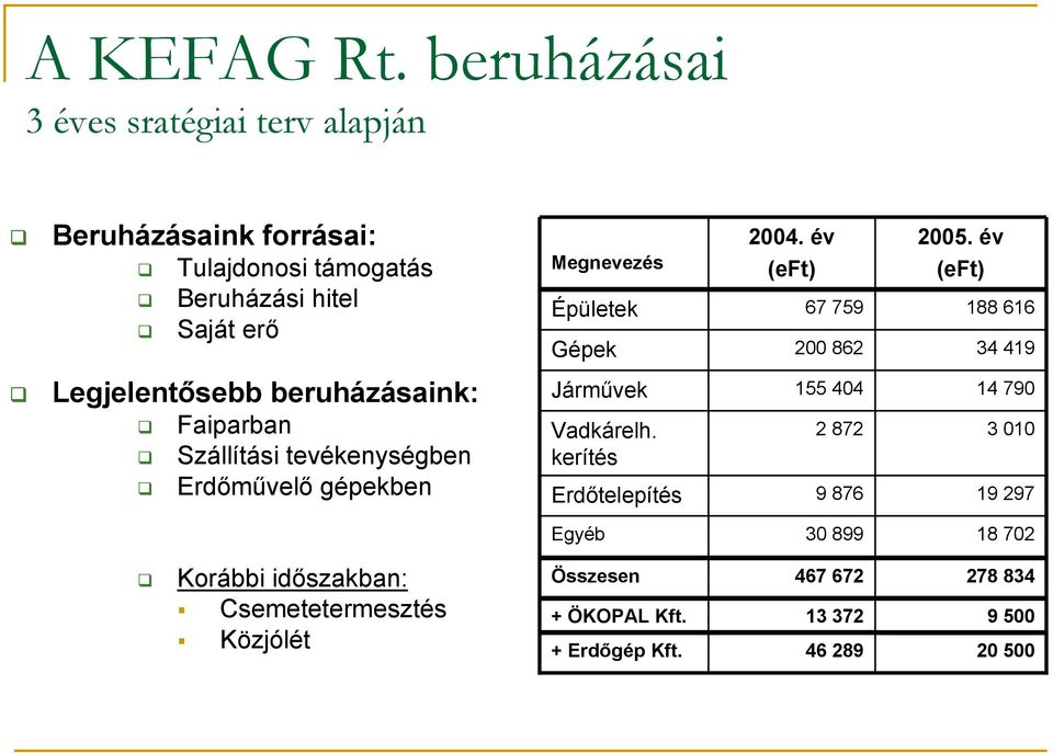 Épületek Gépek 2004. év (eft) 67 759 200 862 2005.