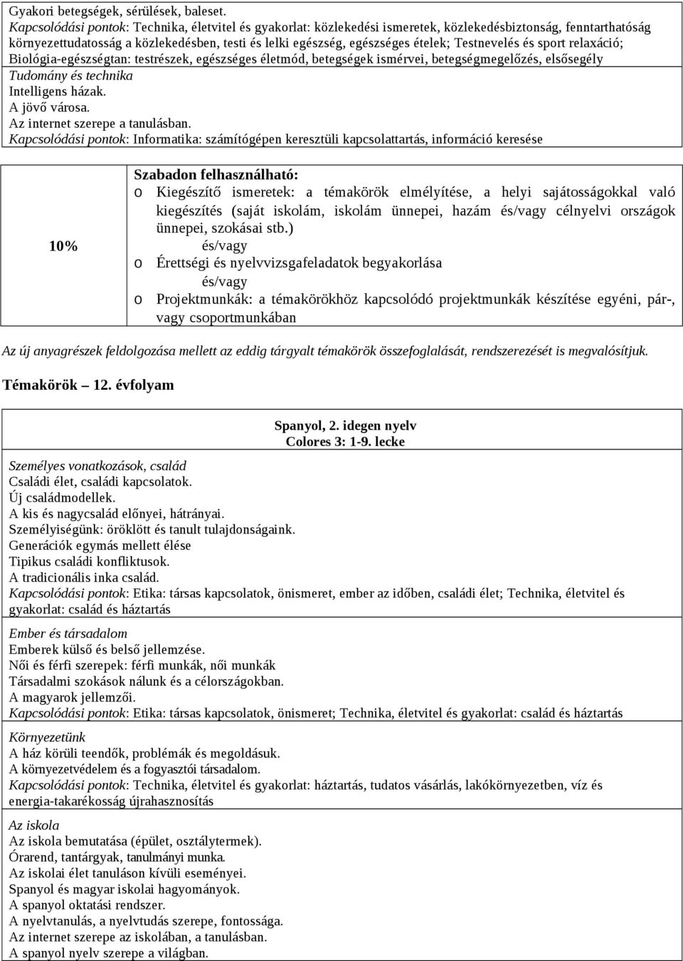 Testnevelés és sport relaxáció; Biológia-egészségtan: testrészek, egészséges életmód, betegségek ismérvei, betegségmegelőzés, elsősegély Tudomány és technika Intelligens házak. A jövő városa.